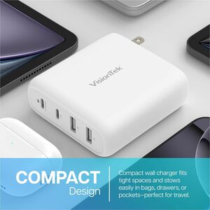 VisionTek 100W GaN II Power Adapter - 4 Port - 100 W - 120 V AC, 230 V AC Input - 5 V DC, 9 V DC, 15 V DC, 20 V DC Output 