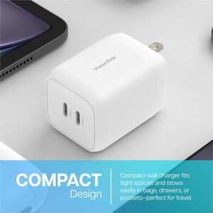 VisionTek 65W GaN II Power Adapter - 2 Port - 65 W - 120 V AC, 230 V AC Input - 5 V DC, 9 V DC, 12 V DC, 15 V DC, 20 V DC,