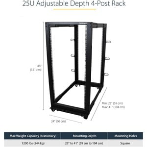 StarTech.com 25U Adjustable Depth Open Frame 4 Post Server Rack w/ Casters / Levelers and Cable Management Hooks - Steel, 