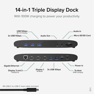 Plugable 14-in-1 USB-C Triple Monitor Laptop Docking Station with 100W Charging - DisplayLink Dock with 3x HDMI, Compatibl