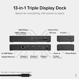 Plugable 13-in-1 USB-C Triple Monitor Laptop Docking Station with 100W Charging, 20W USB-C Charging - 3x HDMI - Compatible