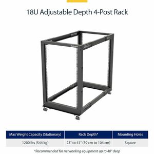 19 Inch 18U Open Frame Rack - 4 Post - 22-40 Adjustable Depth - 1200 lb. Capacity w/ Casters and Cable Hooks (4POSTRACK18U)