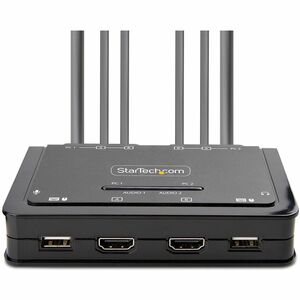 StarTech.com 2-Port Dual-Monitor HDMI Cable KVM Switch, 4K 60Hz, Compact KVM with 5ft/1.5m Integrated Host Cables, Bus Pow