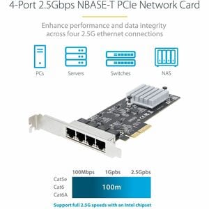 StarTech.com 4-Port 2.5G NBASE-T PCIe Network Card, Computer Network Card Interface, Intel® I225-V, Quad-Port Ethernet, Mu