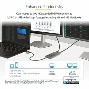 StarTech.com USB-C to Dual-HDMI Adapter, USB-C/A to 2x HDMI, 4K 60Hz, 100W PD Passthrough, 1ft/30cm Cable, USB to HDMI Con