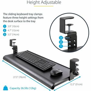 StarTech.com Under Desk Keyboard Tray, Clamp on Keyboard Holder, Up to 12kg/26.5lb, Height Adjustable, Ergonomic Sliding K