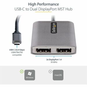 StarTech.com Video Adapter - 1 - 1 x 24 Pin USB Type C - Male - 2 x DisplayPort 1.4 Digital Audio/Video - Female - 3840 x 