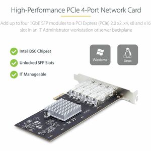 StarTech.com 4-Port GbE SFP Network Card, PCIe 2.0 x2 (x4, x8, x16 Compatible), Intel I350-AM4, Copper/Fiber Optic, Gigabi