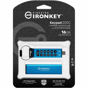 IronKey Keypad 200 16 GB USB 3.2 (Gen 1) Type C Flash Drive - Blue - 256-bit AES, XTS-AES - 145 MB/s Read Speed - 115 MB/s
