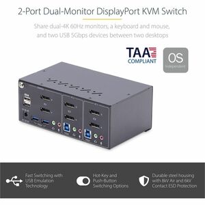 StarTech.com 2-Port Dual-Monitor DisplayPort KVM Switch, 4K 60Hz, 2x USB 5Gbps Ports, Hotkey/Push-Button Switching, TAA Co