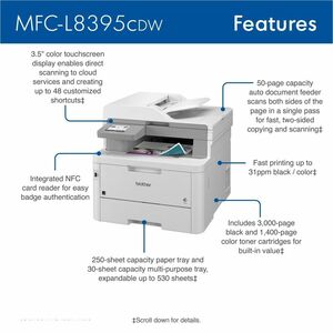 Brother Workhorse MFC-L8395CDW Wired & Wireless Laser Multifunction Printer - Color - Copier/Fax/Printer/Scanner - 31 ppm 