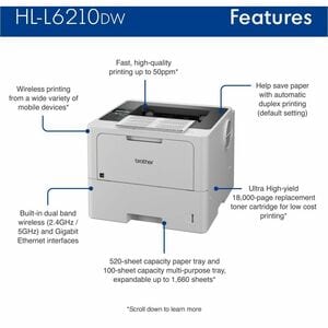 Brother HL-L6210DW Business Monochrome Laser Printer with Large Paper Capacity, Wireless Networking, and Duplex Printing -