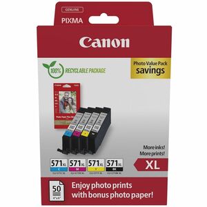 Canon ChromaLife100+ CLI-571XL Original High (XL) Yield Inkjet Ink Cartridge/Paper Kit - Value Pack - Black, Cyan, Magenta