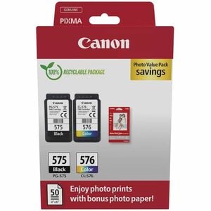 Canon PG-575/CL-576 Original Inkjet Ink Cartridge/Paper Kit - Value Pack - Black, Cyan, Magenta, Yellow - 2 Piece - 6.2 mL