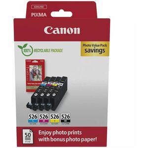 Canon CLI-526 Original Standard Yield Inkjet Ink Cartridge/Paper Kit - Multi-pack - Black, CMY Pack - 9 mL Black, 9 mL Cya