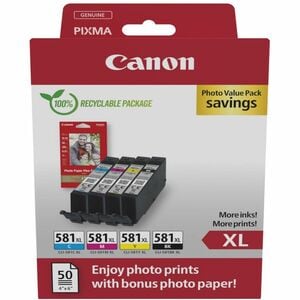 Canon CLI-581XL BK/C/M/Y Original High Yield Inkjet Ink Cartridge/Paper Kit - Value Pack - Black, CMY - 4 / Pack - 8.3 mL 