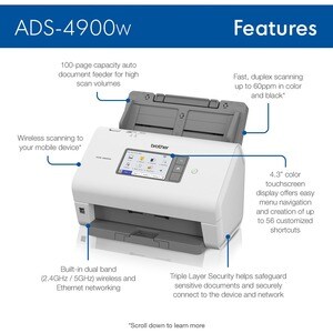 Escáner de superficie plana Brother ADS-4900W - Inalámbrico - 600 x 600 ppp Óptico - 48 bits Color - 60 ppm (Mono) - 60 pp