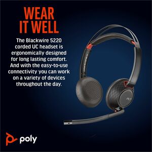 Poly Blackwire 5220 Wired On-ear Stereo Headset - Black - Microsoft Teams Certification - Binaural - Ear-cup - 32 Ohm - 21