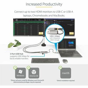 StarTech.com USB-C Multiport Adapter w/Attached USB-C to USB-A Dongle, Dual HDMI 4K/1080, 3x USB, Mini Laptop Docking Stat