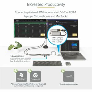 StarTech.com USB 3.2 (Gen. 1) Typ C Docking Station für Desktop PC/Notebook/Monitor - Grau - 2 Unterstützte Displays - 4K 