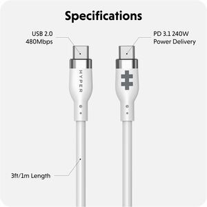 Targus HyperJuice 240W Silicone USB-C to USB-C Cable (6ft/2m) - White - For USB Type C Device, MacBook, Notebook, iPad, Sm