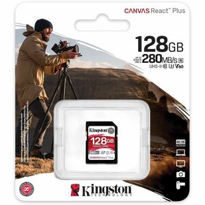 Kingston Canvas React Plus 128 GB Class 10/UHS-II (U3) V60 SDXC - 280 MB/s Read - 100 MB/s Write