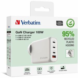 Verbatim 100 W AC Adapter - 1 Pack - Universal Adapter - 1 USB - 3 USB Type-C - For Notebook, Tablet PC, Smartphone, Gamin