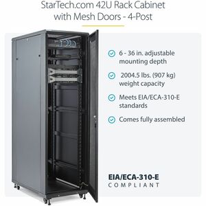 StarTech.com 42U Rack Cabinet for Server - Black - Steel, Mesh - 907 kg Maximum Weight Capacity - 907 kg Static/Stationary