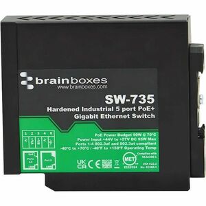 Brainboxes Hardened Industrial 5 Port PoE+ Gigabit Ethernet Switch - 5 Ports - Gigabit Ethernet - 10/100/1000Base-T - 2 La