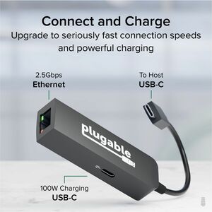 Plugable USB C to Ethernet Adapter 2.5Gb with 100W USB-C PD Charging, 2.5 Gigabit Type C USB Ethernet Adapter - for Window