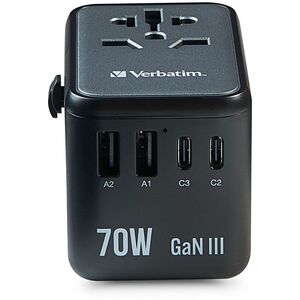 Verbatim UTA-09 Gan III Universal Travel Adapter 70W - USB-C, USB-A - 70 W - 120 V AC, 230 V AC Input