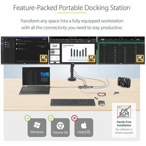 StarTech.com USB-C Triple-Monitor Multiport Adapter, Dual 4K 60Hz + 4K 30Hz HDMI & DP, 4x USB-A, 100W PD Pass-Through, GbE