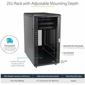 StarTech.com 25U Rack Cabinet for A/V Equipment, Server - 464.82 mm Rack Width x 812.80 mm Rack Depth - Black - Steel, Mes