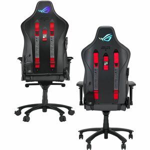 ROG Chariot X gaming chair in racing-car style with Aura RGB lighting featuring an adjustable high-density foam headrest m