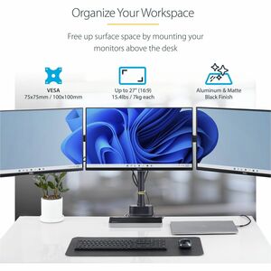 StarTech.com Supporto per tre monitor da 27" , staffa per scrivania con regolazioni del braccio senza attrezzi, VESA 75x75