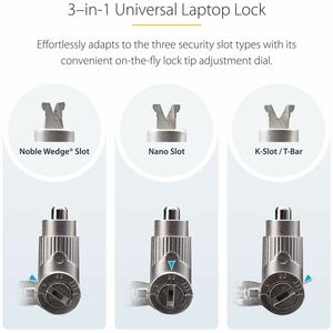 StarTech.com 3-in-1 Universal Laptopschloss 2m, Master Key Sicherheitsschloss, Noble Wedge®/Nano/K-Slot Kabelschloss mit S