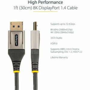 StarTech.com 30cm DisplayPort 1.4 Kabel, 8K 60Hz HDR10, 4K 120Hz UHD Video, DP Kabel 1.4, Displayport Kabel/DP auf DP Moni