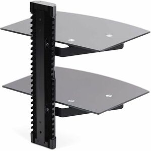 StarTech.com Dual Floating Wall-Mounted AV Shelves, Adjustable Height Shelf For Under TV A/V Equipment, Black Tempered Gla