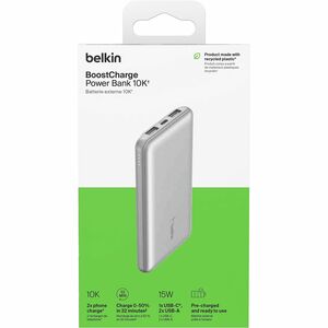 Belkin BoostCharge Power Bank - Silver - For iPhone - 2 x Type-A 15W, 1 x Type-C 15W - 10000 mAh - 3 x USB - Silver