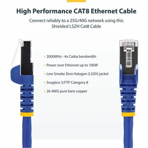 StarTech.com 2m Blue CAT8 Ethernet Cable, Snagless RJ45, 25G/40G 2000MHz, 100W PoE, S/FTP, 26AWG Pure Bare Copper, LSZH Ne