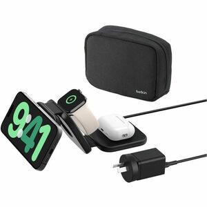 Belkin BoostCharge Pro 3-in-1 Magnetic Wireless Charging Travel Pad with Qi2 15W - For Qi2-enabled Device, iPhone - Input 