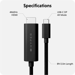 Hyper HyperDrive HD6007BKGL 2.50 m HDMI/USB-C A/V Cable - Cable for Audio/Video Device, USB Device, Monitor, Smartphone, T