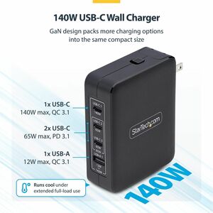 StarTech.com 140W USB-C-Wandladegerät, 3x USB-C/1x USB-A, PD 3.1 Internationaler GaN-Ladegerät/Netzteil für MacBook/Dell X