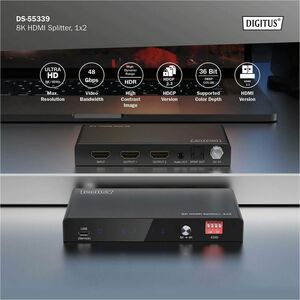 Digitus 8K HDMI Splitter, 1x2. Video Porttyp: HDMI, Teilnehmerausgang: 2x HDMI. Maximale Auflösung: 7680 x 4320 Pixel, Pro