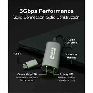Plugable 5Gbps USB-C Ethernet Adapter - 5000Mbps Wired Network for Windows, macOS, and ChromeOS Laptops and Desktops - Rea