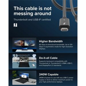 Plugable Thunderbolt 5 Cable with 80Gbps and 240W Charging - Thunderbolt Certified | Up to 120Gbps Bandwidth Boost - Compa