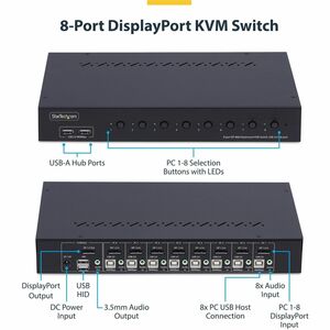 StarTech.com 8-Port DisplayPort KVM Switch with 1U Rack Mount Kit, 4K 60Hz DP 1.2, Push-Button & Hotkey Switching, TAA Com