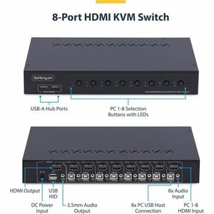 StarTech.com Commutateur KVM HDMI 8 Ports avec Kit de Montage en Rack 1U, HDMI 2.0 4K 60Hz, Switch 8 Ports, Hub USB 4 Port
