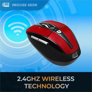 Adesso iMouse S60R Mouse - Radio Frequency - USB - Optical - 6 Button(s) - Red - Wireless - 9.14 m - 2.40 GHz - 1600 dpi -