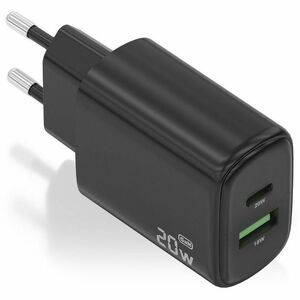 CARGADOR GAN 20W 1XUSB-C PD3.0 1XUSB-A QC3.0 NEGRO